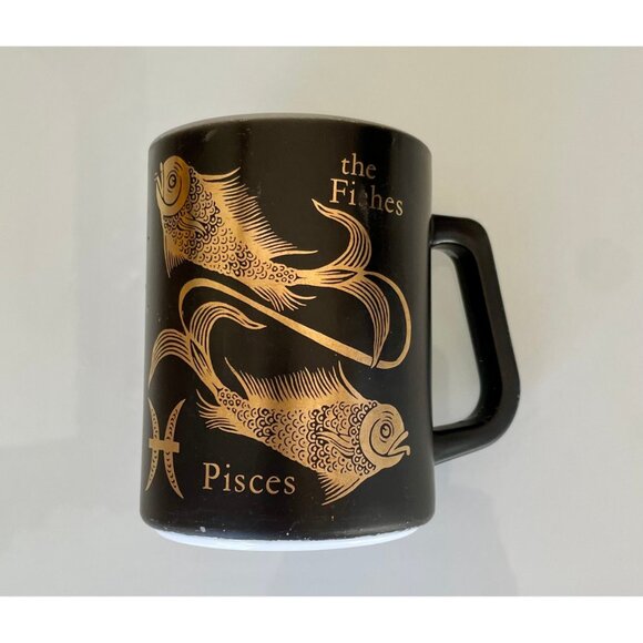 Pisces Mug, 1970s Federal Glass Pisces Mug: Black & Gold Zodiac Milk Glass - Picture 7 of 8